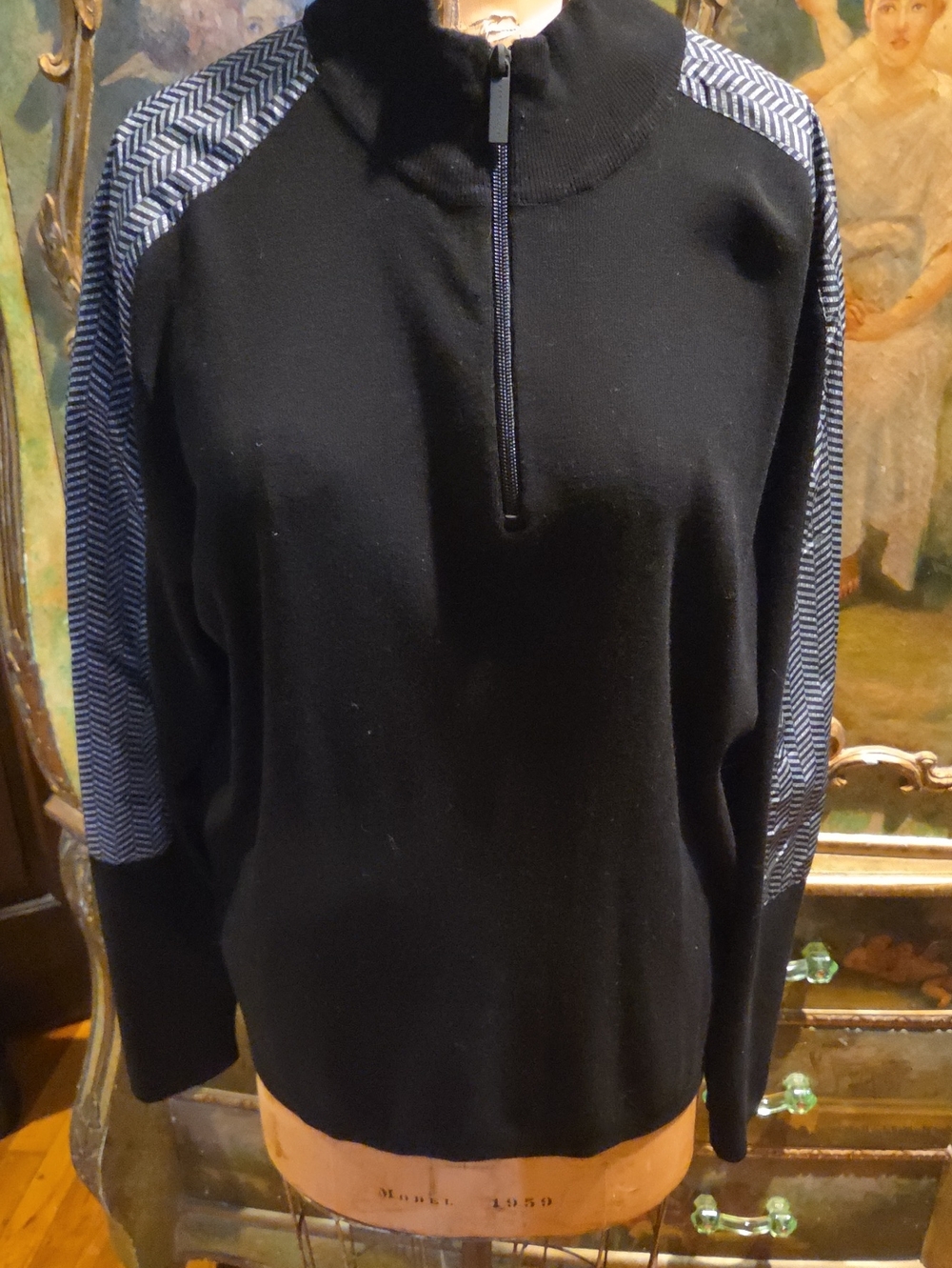 Perry Ellis Motion Men's Black Half-Zip Sweater with herringbone SZ L